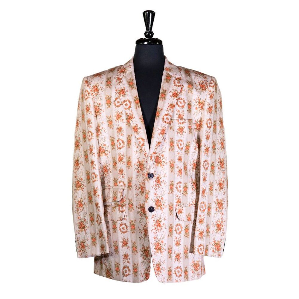 Mens Blazer Beige Orange Floral Cotton Dress Formal Suit Jacket Sport Coat 44R